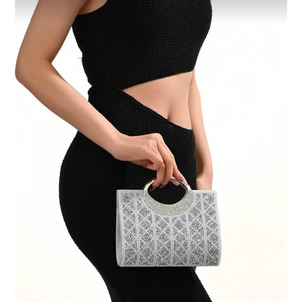 Opulaura Silver Rhinestone Pearl Evening Clutch Bag Wedding‎ Formal Crossbody